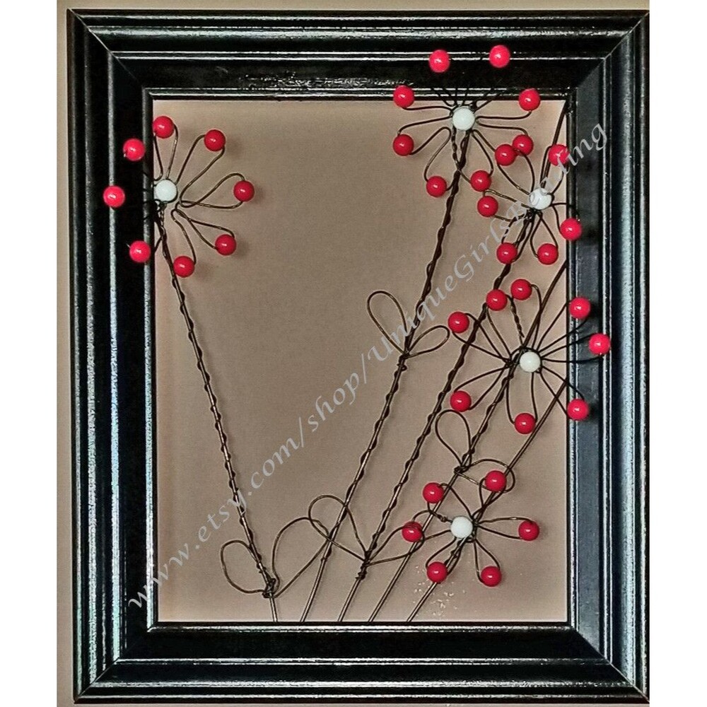 Beaded Flower Wire Wrapped Frame, 3D Handmade Art, 8x10 Frame, Matte Black